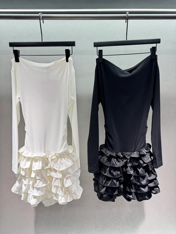 Miumiu 2026 Off-the-shoulder Tiered Dress Black and White Cotton