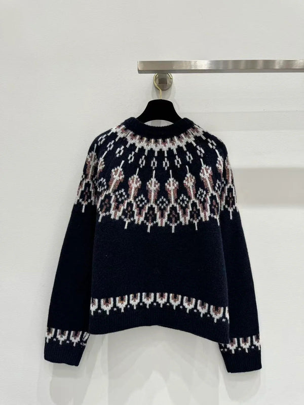 Loewe 2025 Sequin-embellished Fair Isle Wool-blend Navy Blue Sweater