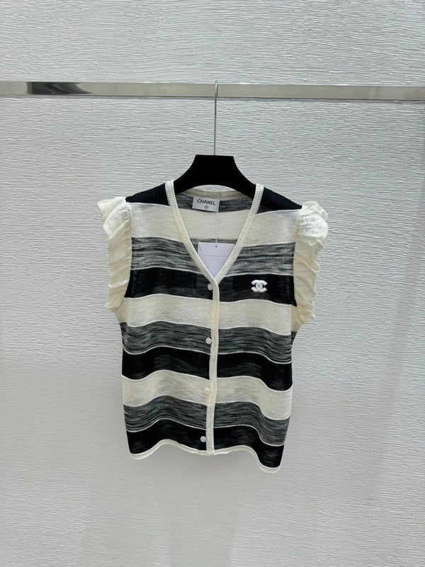 CC 2026 Striped Simple V-Neck Knitted Vest Cardigan Tencel 516056
