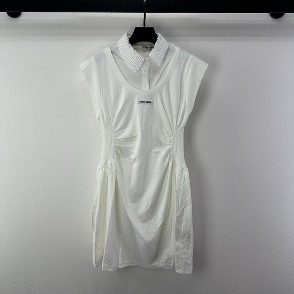 Miu 2026 Lace Short-sleeved Dress White Cotton 395700