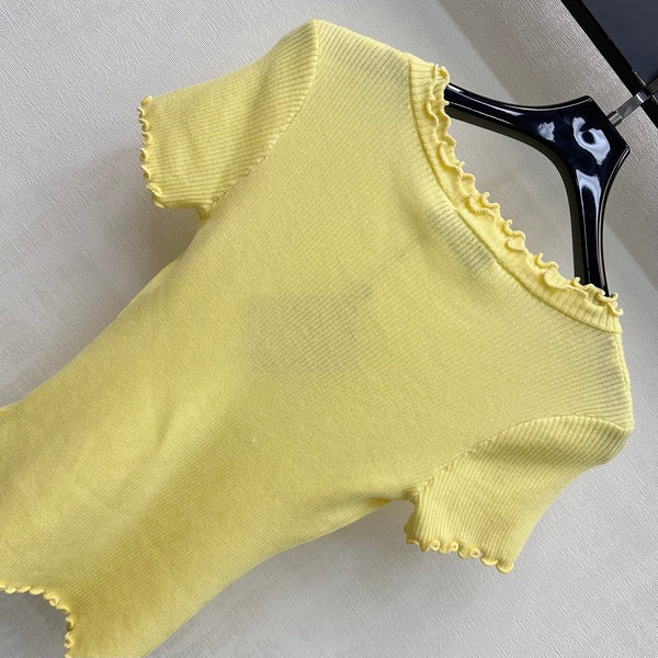 Miu 2026 Ruffled Short-Sleeve Knit Top Yellow Wool 447791