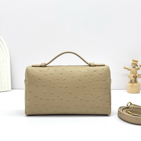 LP Extra Bag 19cm Ostrich Pattern Beige Gold Buckle Calfskin