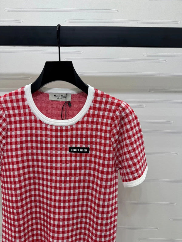 MIUMIU CREW NECK SHORT-SLEEVE PLAID KNIT TOP 274834