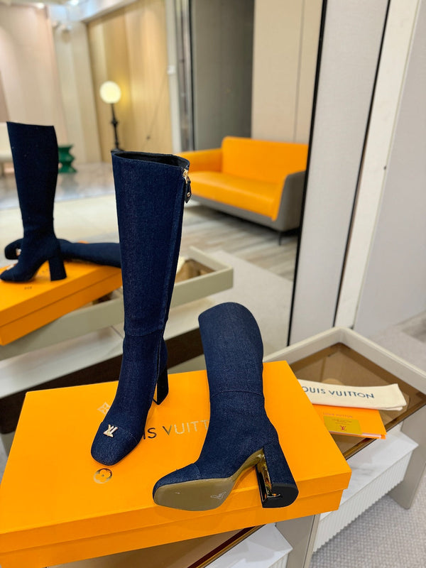 LV High Boots 85 Dark Blue Denim 573733