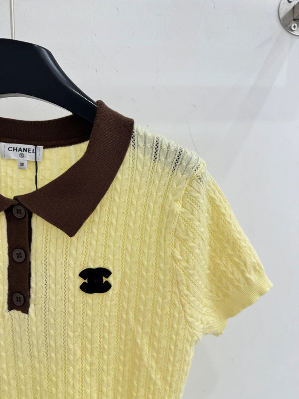Chanel 2026 Polo Collar Short-sleeved Top Yellow and Purple Wool Polyester