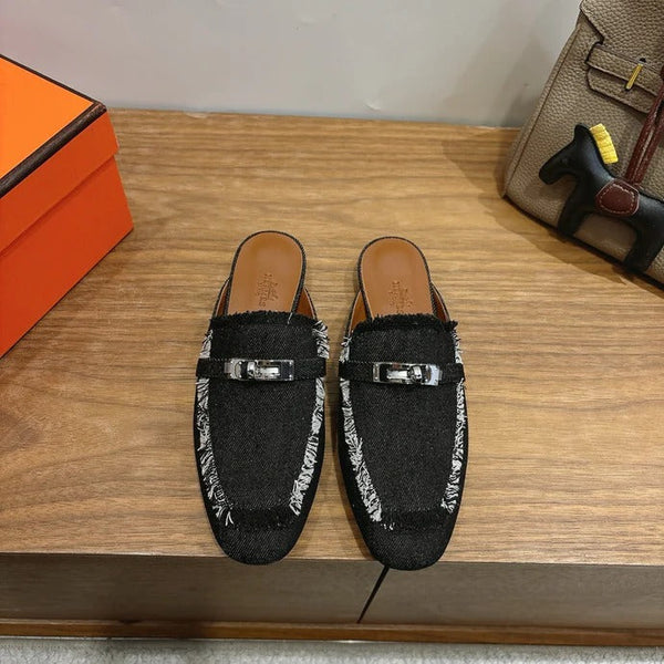 HM 26ss Mule Black Denim Leather Sliver Buckle 638473