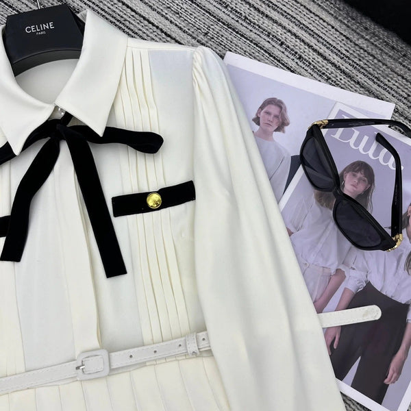 PRADA 25S LONG-SLEEVE COLLARED PLEATED DRESS 360