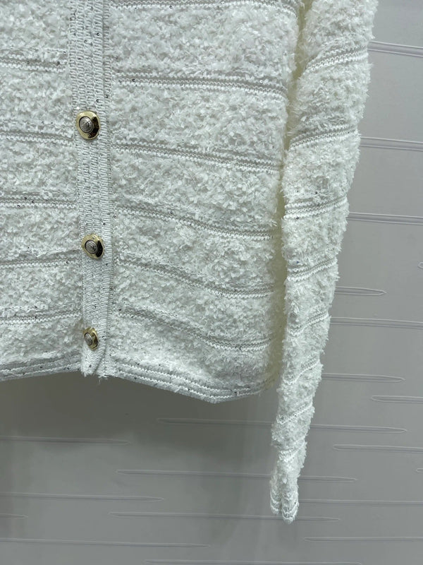 Chanel 2026 Striped Sequined Long-Sleeve Cardigan White Wool