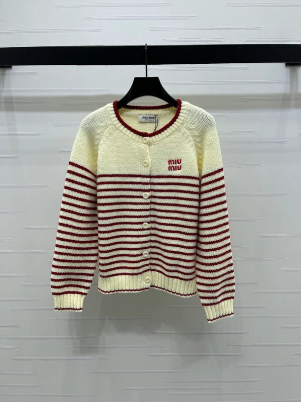 Miu 2026 Striped Knit Crew Neck Long-sleeved Cardigan Wool