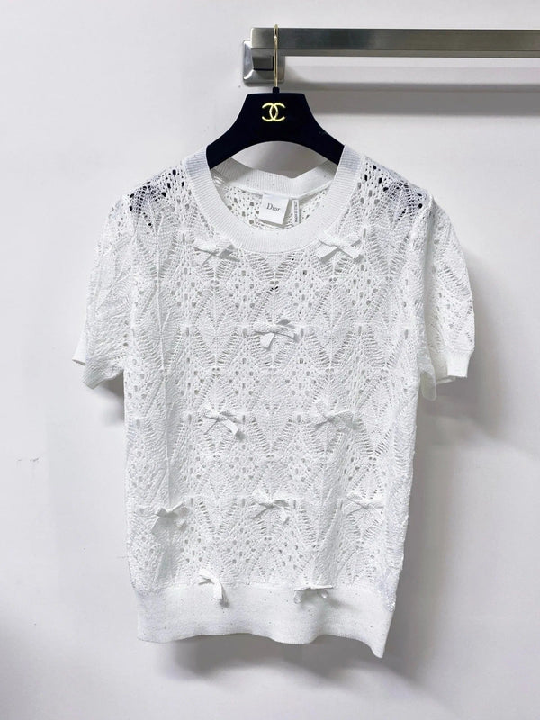 CD 2026 Openwork Lace Knit Short-Sleeve Top Bow Details 479896