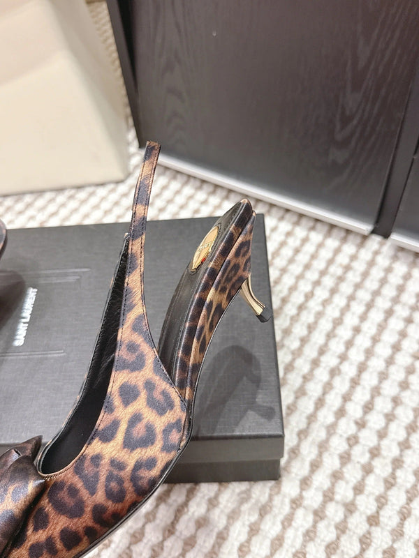 YSL 26ss Slingback 50 Leopard Print Satin Leather 654680