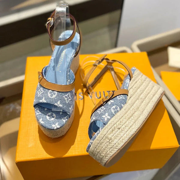 Louis Vuitton Helios Wedge Sandals Blue Canvas Cowhide 687329