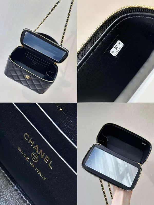 CC Mirror Vanity Case Top Handle Chain Strap Black Calfskin GHW